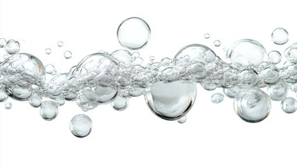 A series of bubbles in a line. The bubbles are clear and shiny. The bubbles are in a line and are not touching each other