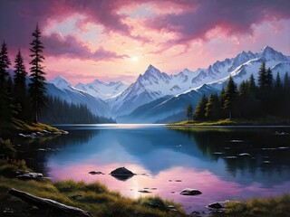 Serene Mountain Alpine Stream Picturesque Snow Capped Mountains Wall Art Print Artwork Green Forest Pine Trees Wilderness Camping Remote Lake Reflection Sunrise Pink Clouds