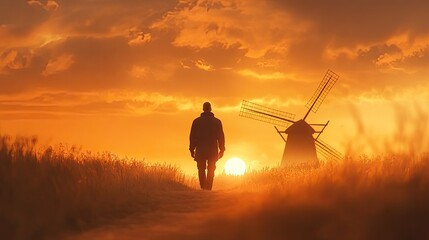 A man walks through a field at sunset. The sky is orange and the sun is setting. The man is walking towards a windmill