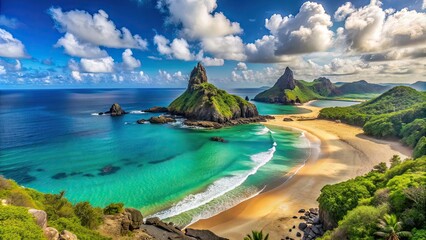 Panoramic skyline view of Fernando de Noronha in Brazil with stunning beaches and crystal clear waters