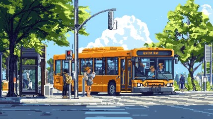 Obraz premium An 8-bit pixel art bus driver picking up passengers at a busy city bus stop