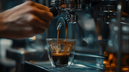 Close-up shot of a barista's hands pulling an espresso shot from a professional espresso machine,