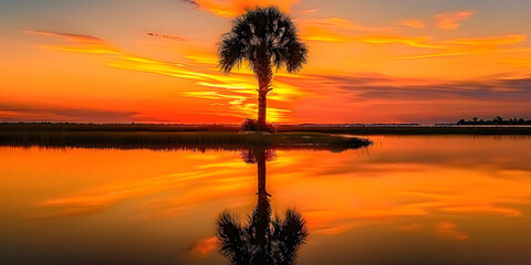 Fototapeta premium Vibrant orange hues illuminate the serene silhouette of a majestic palm tree against a tranquil Florida lake at sunset, reflecting nature's peaceful ambiance.