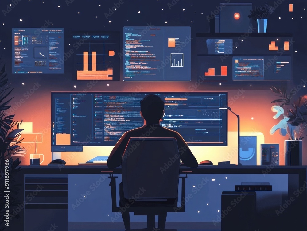 Poster software architect designing and optimizing a complex system at a nighttime workspace with data visu