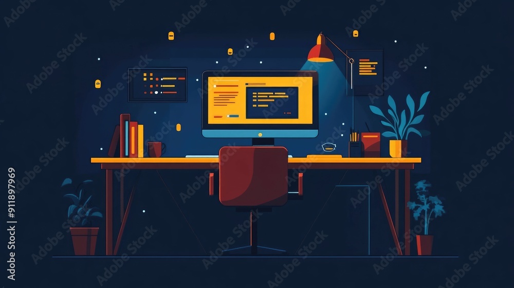 Fototapete cozy coding workspace with laptop monitor and productivity tools for efficient software development 