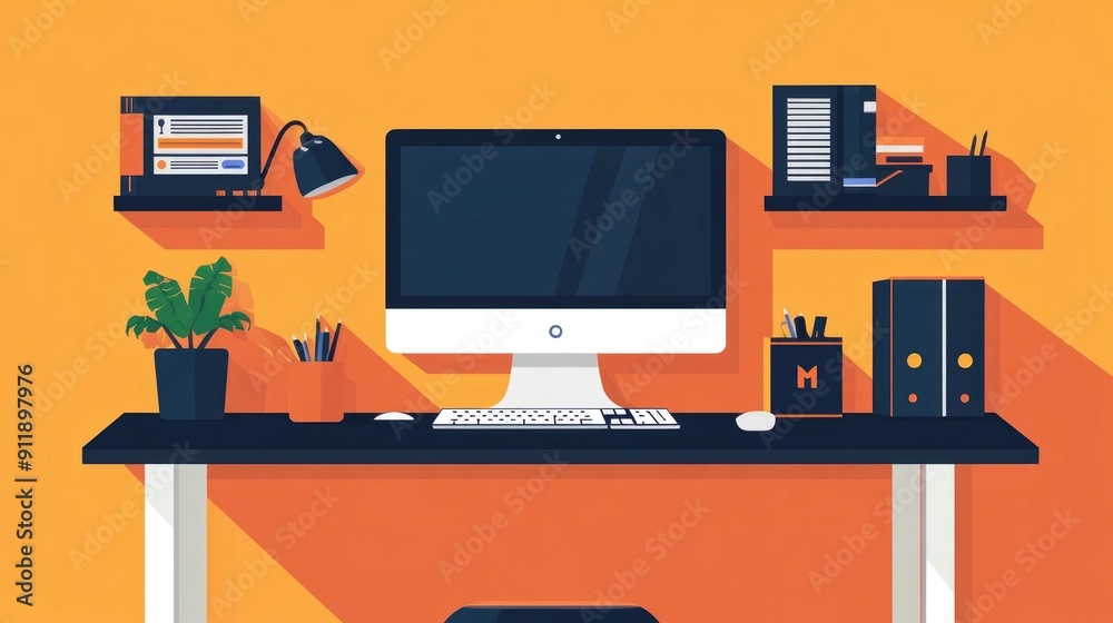 Fototapete organized and modern workspace setup with computer monitor digital devices office equipment and stat