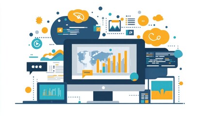 Flat design depicting the concept of software development database management and data analytics solutions  The image showcases various technological elements like computer screens charts graphs