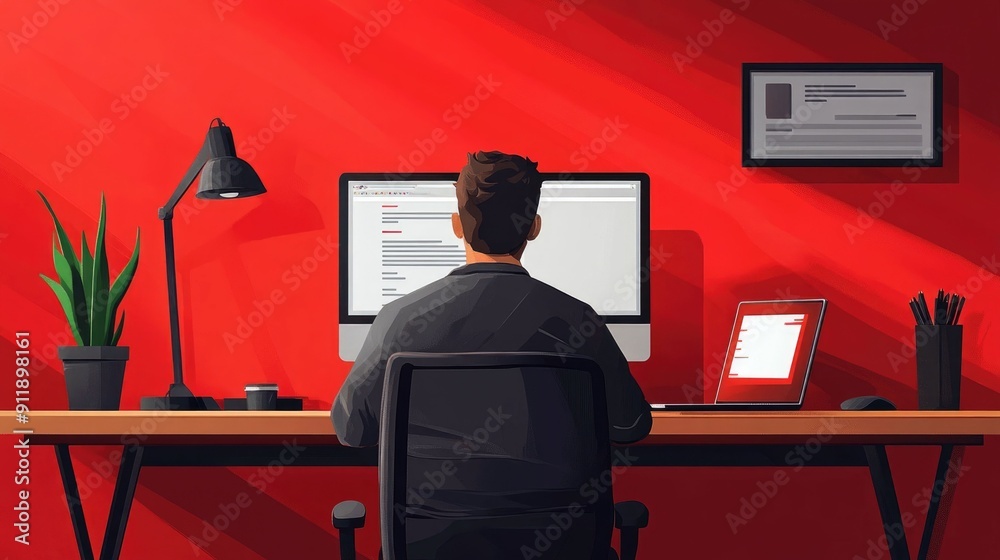 Poster a focused individual sitting at a minimalist workspace deep in coding and writing tasks surrounded b