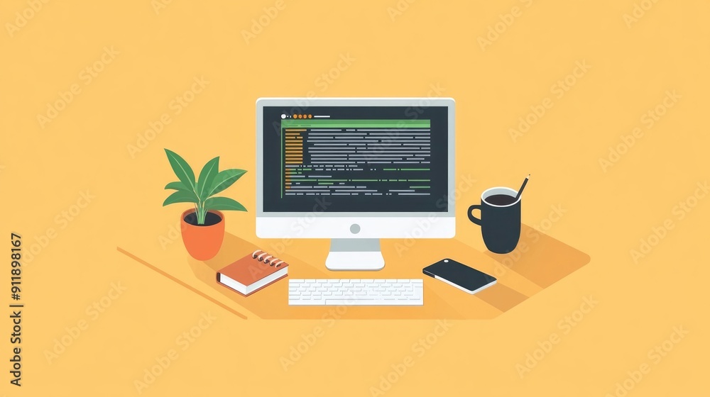 Poster minimalist coding workspace setup with computer monitor desk accessories like plant coffee cup noteb