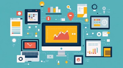 Flat design depicting the process of software development integrating third party services and data visualization tools  The image showcases a digital dashboard with charts graphs