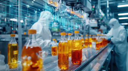 A clean production line with machinery for processing, bottling, and packaging food products. Overlay with holographic financial data.