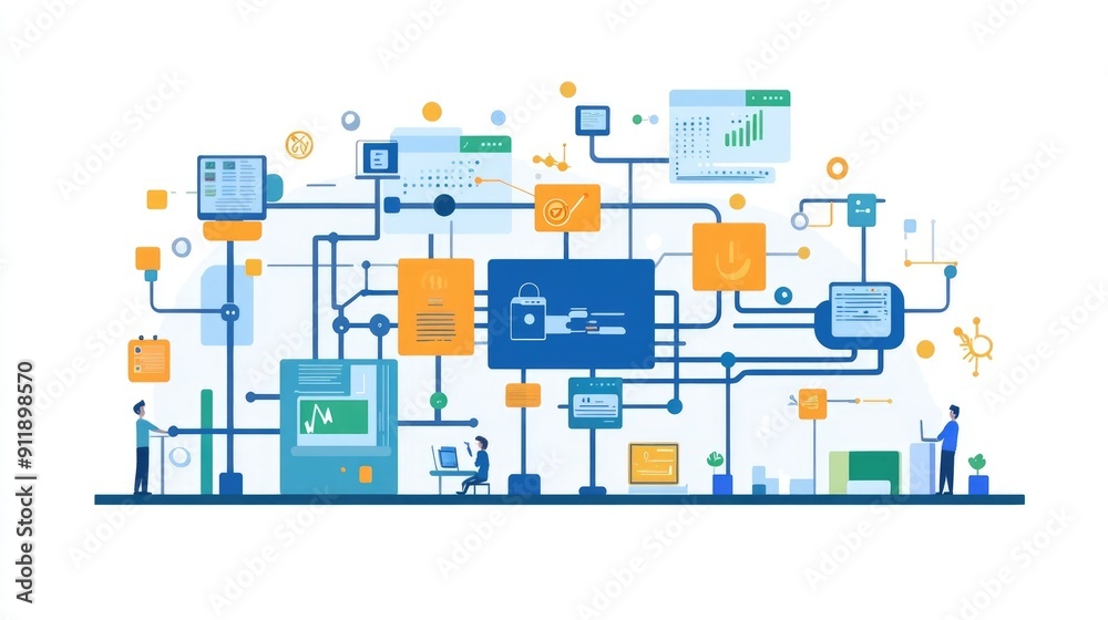 Poster comprehensive software development deployment pipeline flat design showcasing the integral component