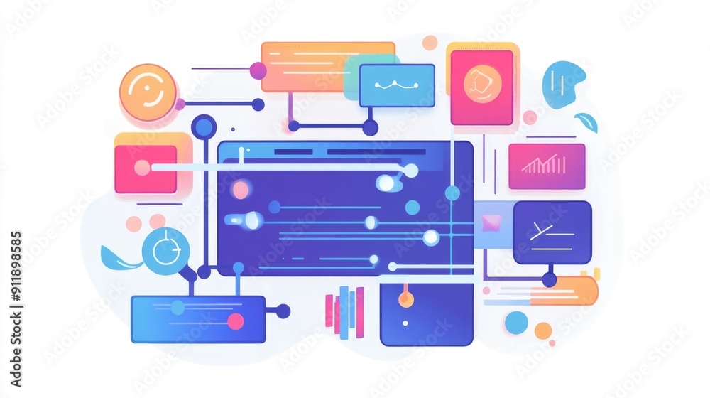 Poster this flat design depicts a modern streamlined software development and deployment pipeline showcasin