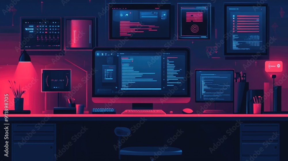 Poster futuristic cyberpunk styled coding and iot application development workspace featuring various digit