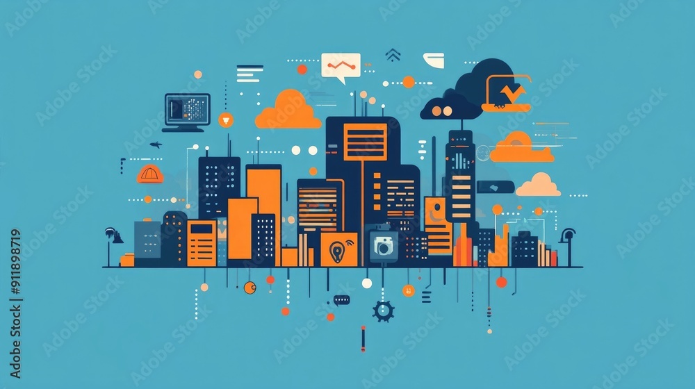 Poster futuristic smart city skyline featuring coding connected devices and iot applications for a digitall
