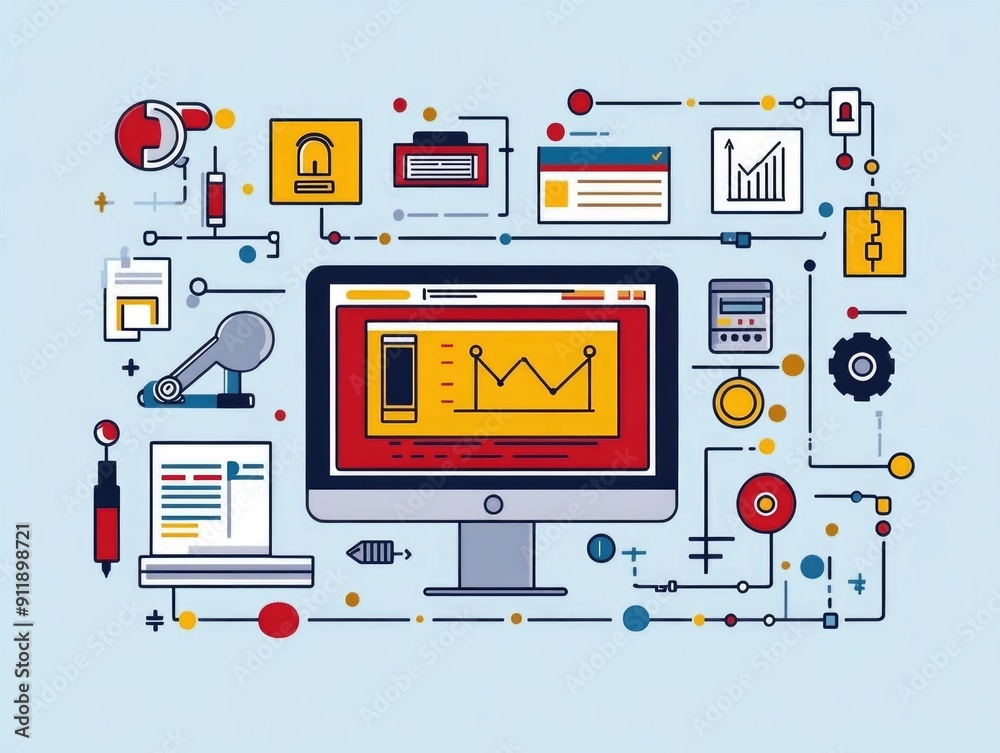 Poster colorful flat design showcasing various software development and testing automation tools devices an
