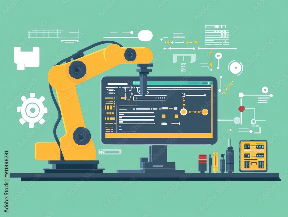 Poster innovative software development and testing automation workflow illustrated with flat design element