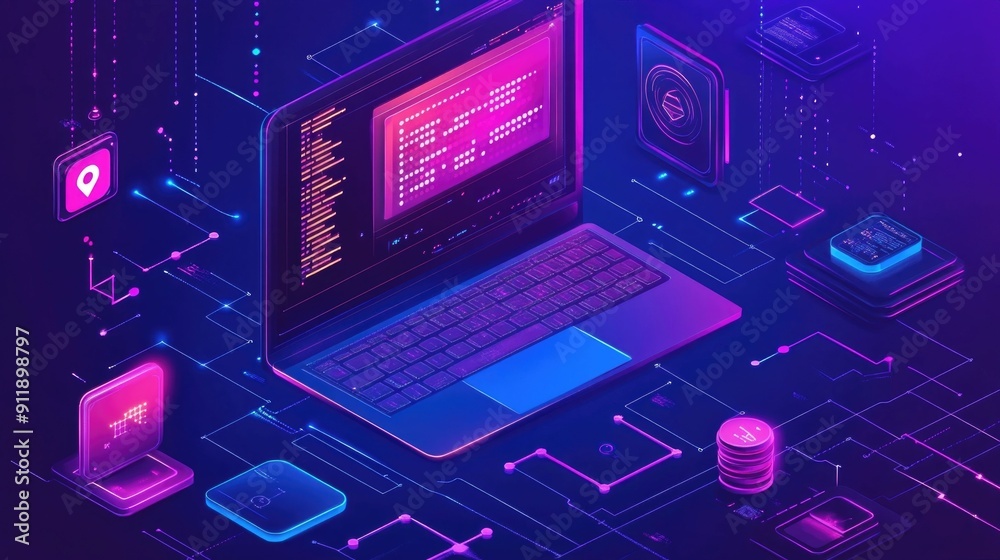Poster futuristic blockchain software development with neon gradient backdrop digital technology cryptocurr