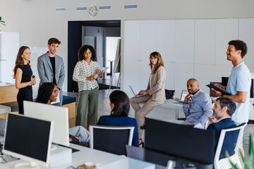 Diverse team of professionals collaborating during meeting in office