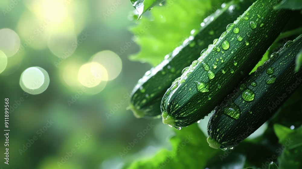 Poster Close-up of fresh green zucchini with dew drops, blurred green background.