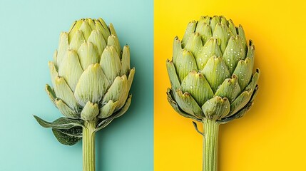 Obraz premium Two artichokes on a blue and yellow background.
