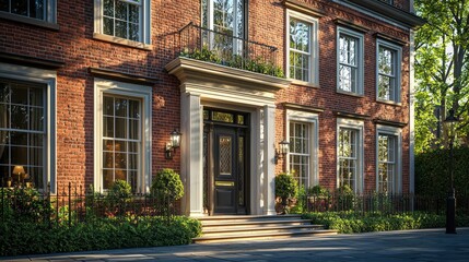 Naklejka premium Georgian Townhouse, brick faÃ§ade with sash windows, afternoon lighting