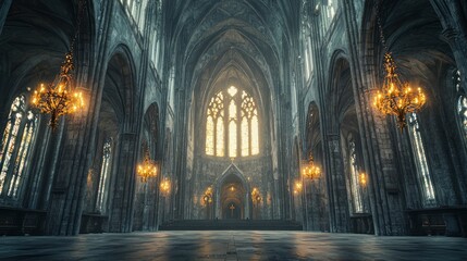 Fototapeta premium Gothic Revival Church, pointed arches and ribbed vaults, interior lighting