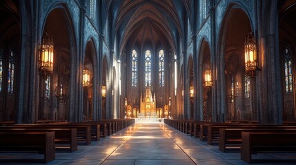 Obraz premium Gothic Revival Church, pointed arches and ribbed vaults, interior lighting
