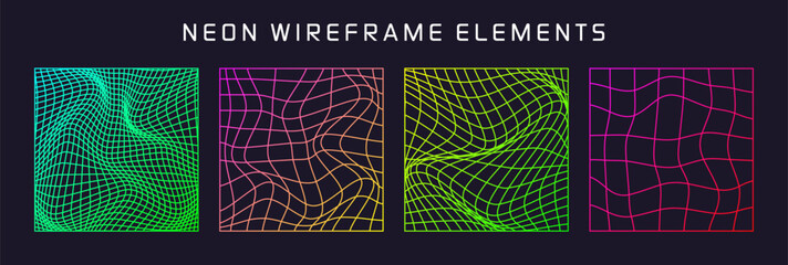 Colorful wireframe shapes, lined perspective mesh, 3d grid. Low poly geometric elements. Retro futuristic design elements, y2k, vaporwave and synthwave style. Vector illustration
