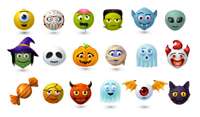 Halloween emoji set, cartoon scary characters. October horror holiday, Halloween season spooky characters vector smartphone emoji with zombie, vampire, alien and witch, pumpkin, ghost, clown and devil
