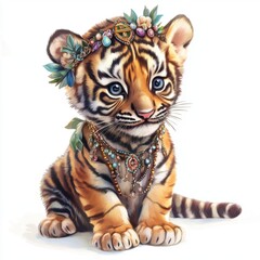 Obraz premium Adorable Baby Tiger with Boho Tribal Jewelry - Pastel Illustration on White Background