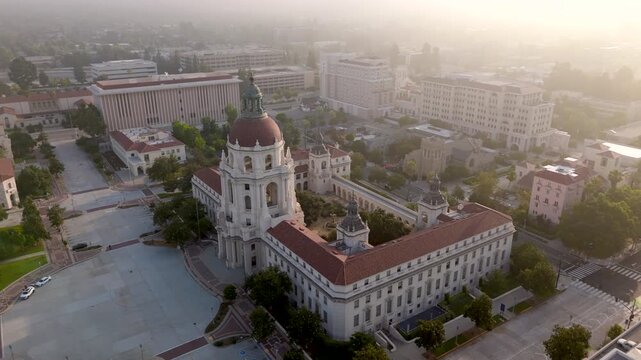This stunning aerial shot captures the beauty of Pasadena City Hall, highlighting its iconic architecture and the picturesque surrounding landscape, all bathed in the soft light of dawn