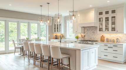 Fototapeta premium Bright, modern kitchen featuring a large island with barstools, pendant lighting, white cabinetry, and floor-to-ceiling windows offering a view of greenery