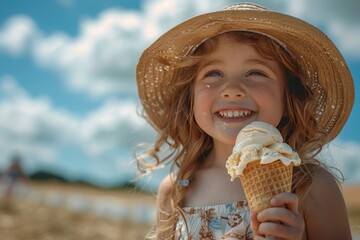 A Little Girl Smiles While Enjoying Ice Cream.