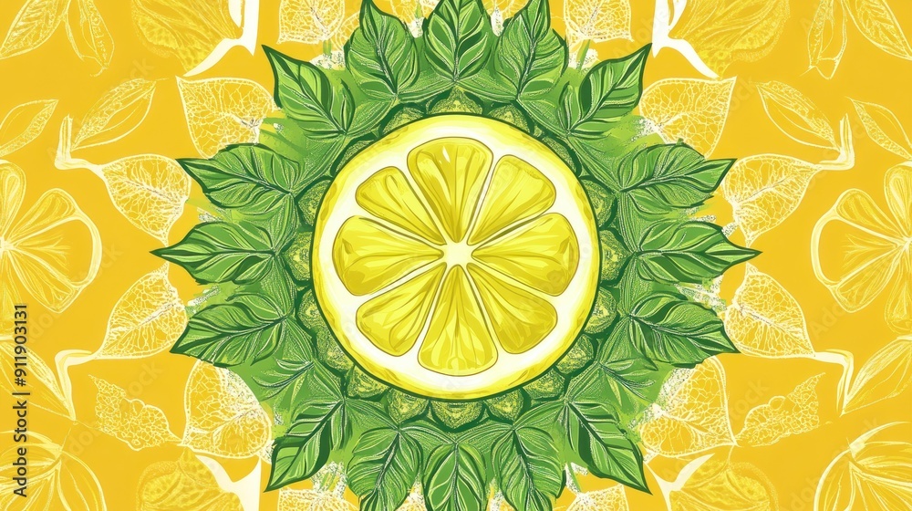 Canvas Prints Abstract Lemon Slice with Green Leaves on a Yellow Background.