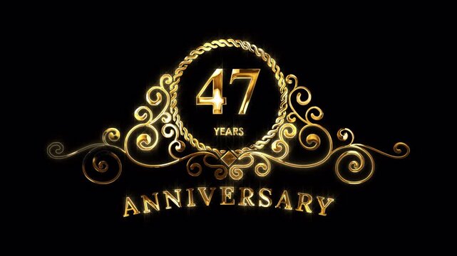 47th Anniversary Celebration. Happy 47 Years Anniversary Animation in Gold Color on the Transparent Background, Alpha Channel. Great for greetings, celebrations, events, and gifts.