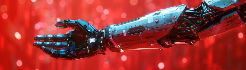 Naklejka premium Arms with tech shimmer in cyberpunk setting, side view, highlighting hightech digital art, advanced tone, Analogous color scheme
