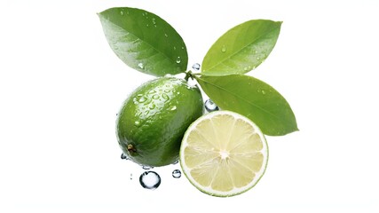 Natural fresh lime with water drops and sliced, green leaf isolated on white background