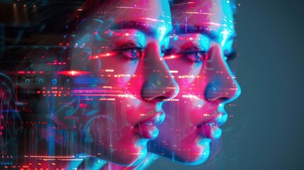 Faces with prismatic holographic reflections in cyberpunk setting, side view, highlighting hightech digital art, advanced tone, Analogous color scheme