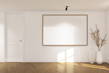 3d render of vintage style of interior design foyer wall mockup with door and  frame. Wood parquet floor, green wall and white ceiling. Set 29