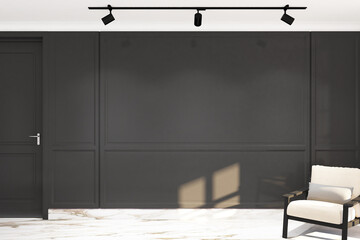 3d render of vintage style of interior design foyer wall mockup with armchair. White marble floor, dark gray wall profile panel and white ceiling. Set 42