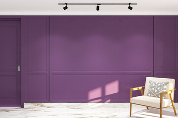 3d render of vintage style of interior design foyer wall mockup with armchair. White marble floor, purple wall profile panel and white ceiling. Set 43