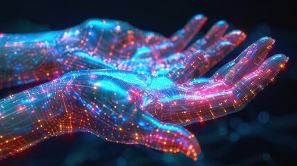 Hands featuring digital patterns in hightech lab, side view, highlighting advanced holographic systems, cybernetic tone, Analogous color scheme