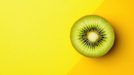A close-up of a kiwi fruit slice on a yellow background.