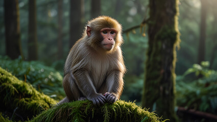 Fototapeta premium a monkey is sitting on a mossy tree in the morning