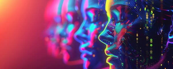 Obraz premium Rainbow abstract faces in cyberpunk environment, side view, highlighting hightech holographic art, advanced tone, Analogous color scheme