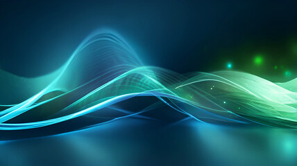Abstract blue and green wave background with stars and light. Data transfer concept Science style wallpaper. Ai generative