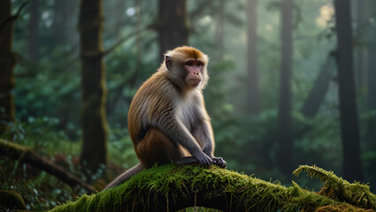 Naklejka premium a monkey is sitting on a mossy tree in the morning