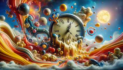 A surreal, digitally painted masterpiece depicting a melting antique clock suspended in a cosmos of vibrant, abstract shapes. The artwork evokes a sense of timelessness and wonder.
