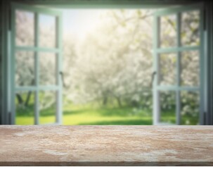 Empty wooden desk top on open window background